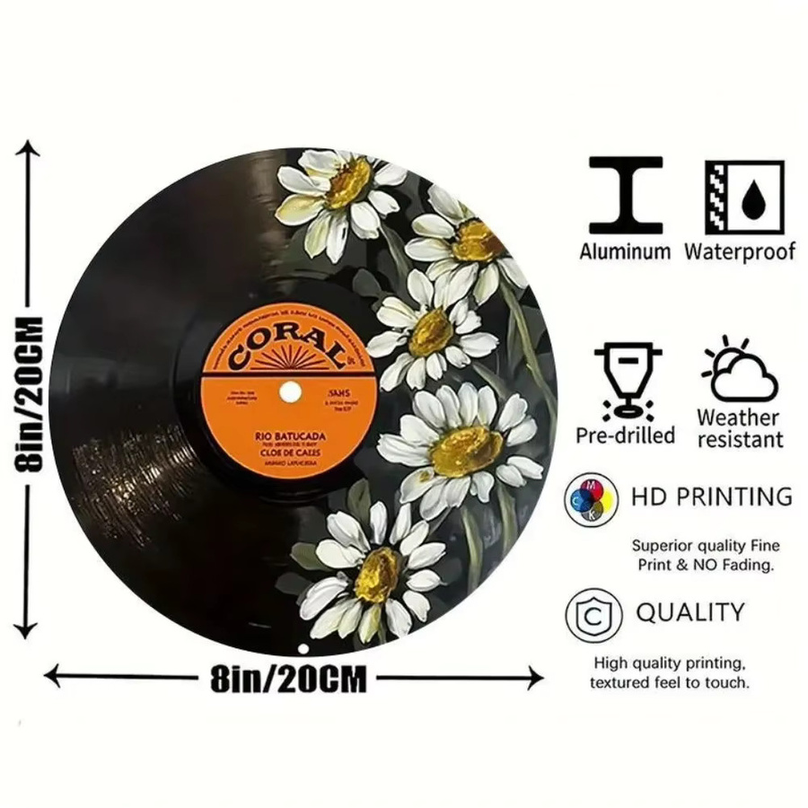 Potdemiel Vintage-Vinyl-Wandkunst aus Aluminium mit Gänseblümchen-Design, Schwarz, Durchmesser: 20,32 cm - Bild 2