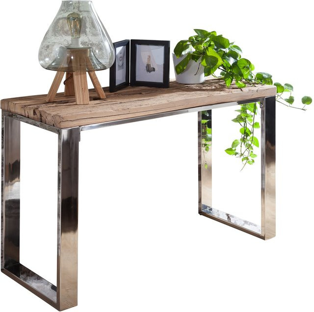 Moderner Konsolentisch aus Akazienholz in Braun mit silbernen Details, B/H/T: 115 x 76 x 46 cm - Bild 1