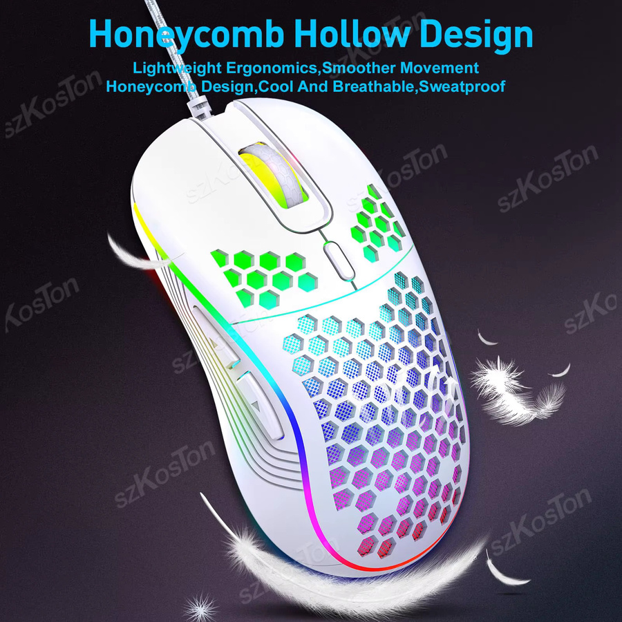 SZKOSTON RGB-Gaming-Maus mit Kabel, ergonomisches Design, 7200 DPI, Hintergrundbeleuchtung, Schwarz/Weiß - Bild 3