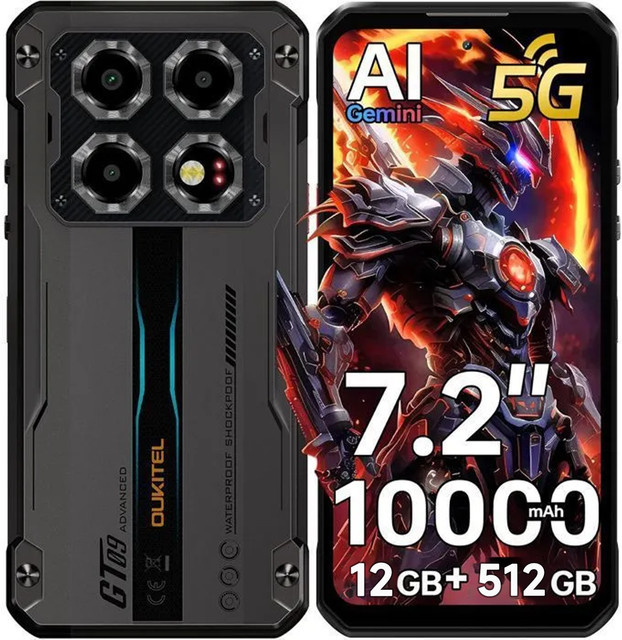 OUKITEL WP60 Robustes 5G Smartphone in Schwarz mit 512 GB ROM, 36 GB RAM, 7,2 Zoll HD+ 120Hz Display, 10000mAh Akku, 108MP Kamera und Android 15 mit NFC - Bild 1