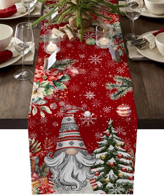 JIT Tischläufer mit Weihnachtszwerg und Schneeflocken in Rot für deine festliche Dekoration - Bild 1