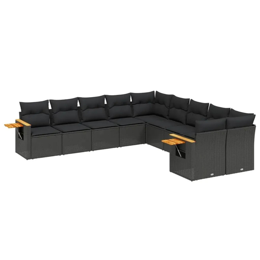 vidaXL 10-tlg. Garten-Sofagarnitur in L-Form aus Polyrattan und Akazienholz mit Kissen, Schwarz - Bild 2