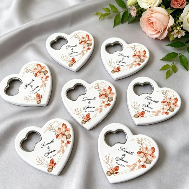 Personalisierter magnetischer Flaschenöffner in Herzform, weiß, ideal als Hochzeitsgeschenk für Gäste oder zur Brautparty - Bild 1