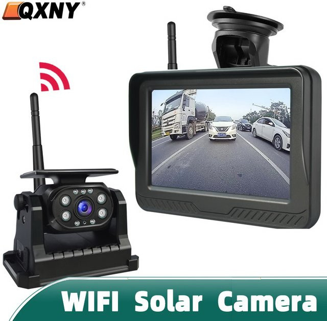 QXNY Solar Wireless Backup Kamera Set mit 5 Zoll Monitor, HD 1080P Full HD Rückfahrkamera mit Nachtsicht und Magnetbefestigung, Schwarz - Bild 1