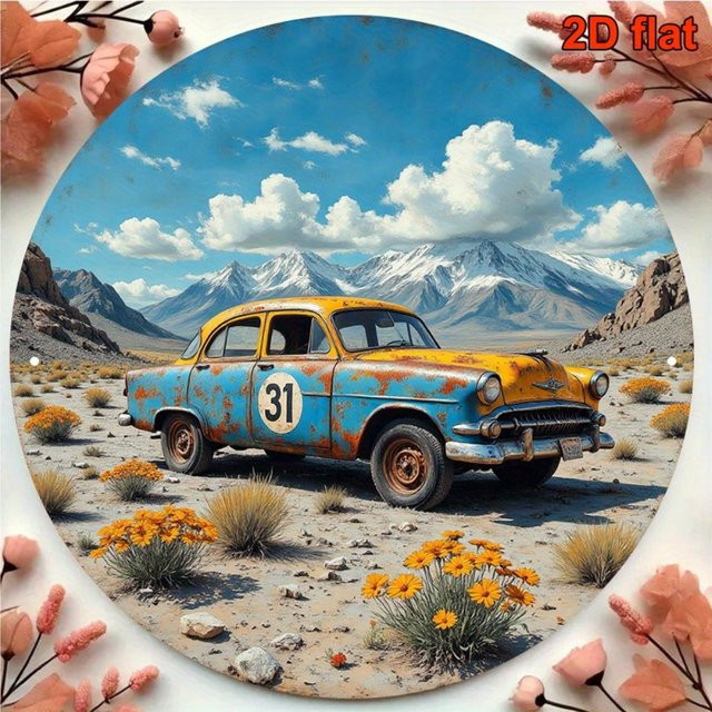 Potdemiel Oldtimer Deko-Auto in Blau und Gelb mit Wüstenszenen-Dekor und Berglandschaft, Breite: 20,0 cm, Höhe: 20,0 cm, Tiefe: 20,0 cm - Bild 1