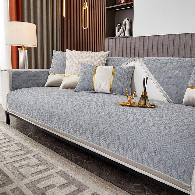 Rutschfester Chenille-Sofabezug mit Geometrie-Blatt-Design in Grau, B/T/H: 70 x 70 x 70 cm - Bild 1