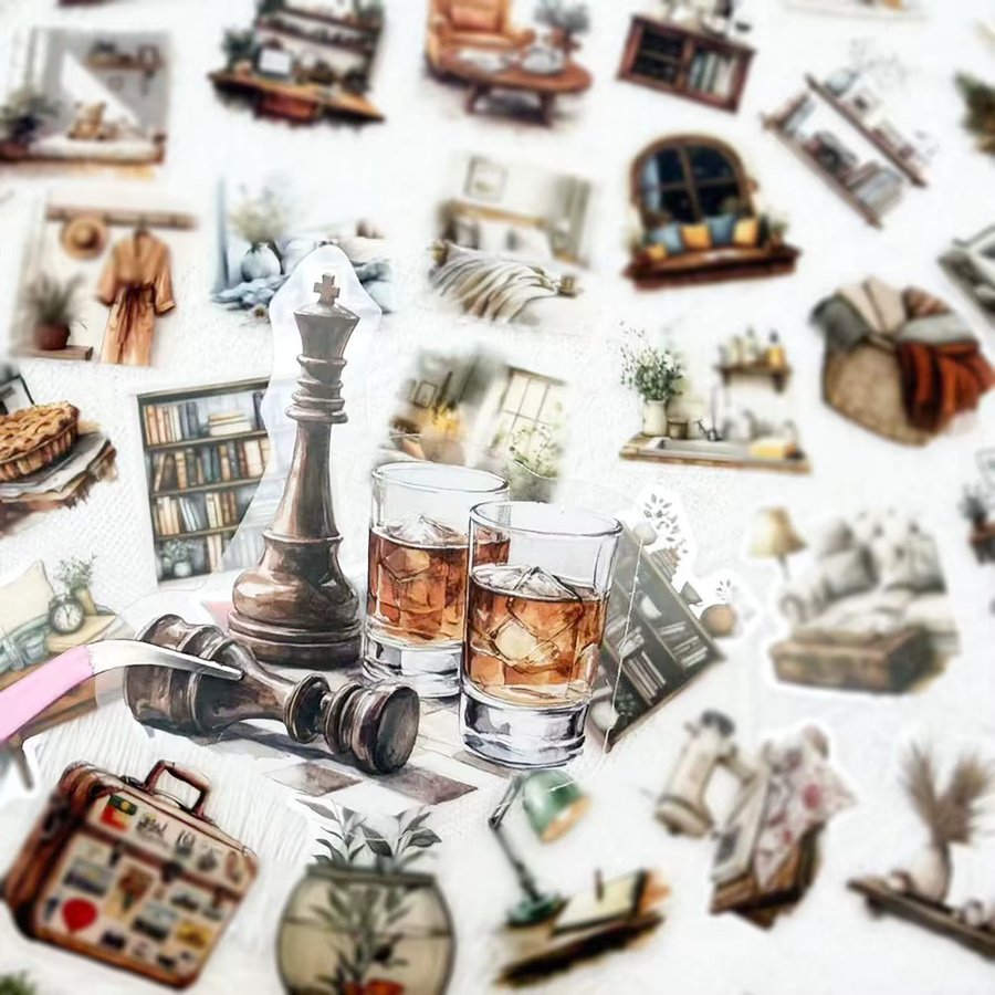 50 Stück Retro Home Art Transparent PET Aufkleber in Multicolour für Laptop, Notebook und Koffer, Wasserdichte DIY Ästhetische Aufkleber - Bild 3