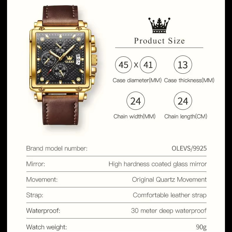 OLEVS Chronograph, Quarz, Lederarmband, Gold, 45 mm, Herren - Bild 5