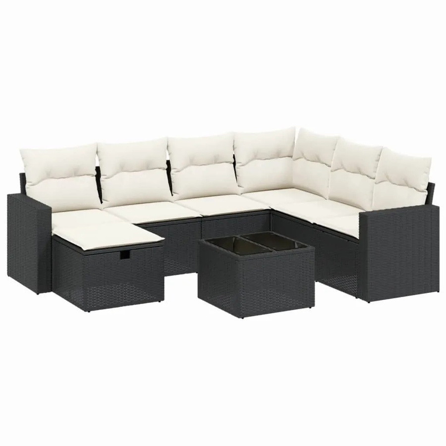 vidaXL 8-tlg Garten-Sofagarnitur in L-Form mit Kissen und Polsterung, Schwarz, Poly Rattan und Metallrahmen - Bild 2