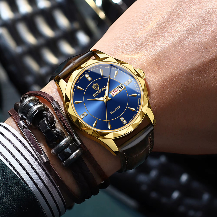 BINBOND Armbanduhr Quarz, Leder, Blau, Gold, Herren - Bild 3