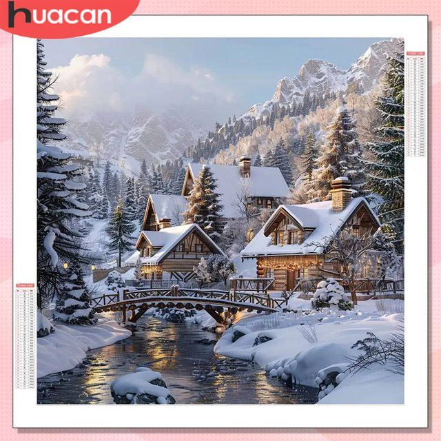 HUACAN Diamant-Malerei Set Winterlandschaft mit Haus als Mosaik-Stickerei zur Heimdekoration - Bild 1