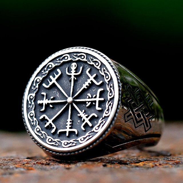 Herren-Ring 316L-Edelstahl, Wikinger-Vegvisir-Motiv, Silber - Bild 1