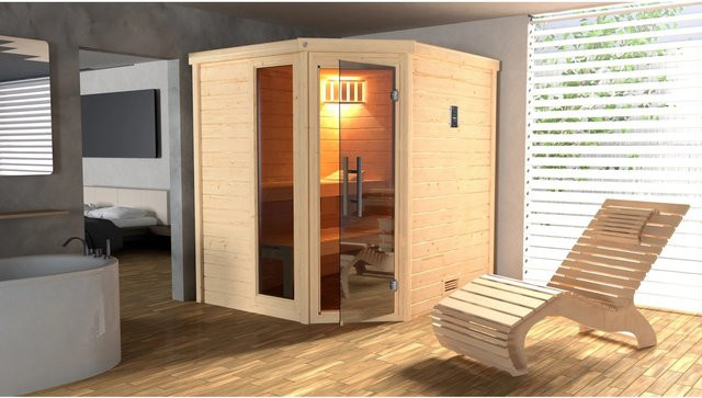 Weka Massivholzsauna Turku 1 in Beige mit Glastür und Fenster sowie 7,5 kW Sparset, B/H/T: 195 x 205 x 178 cm - Bild 1