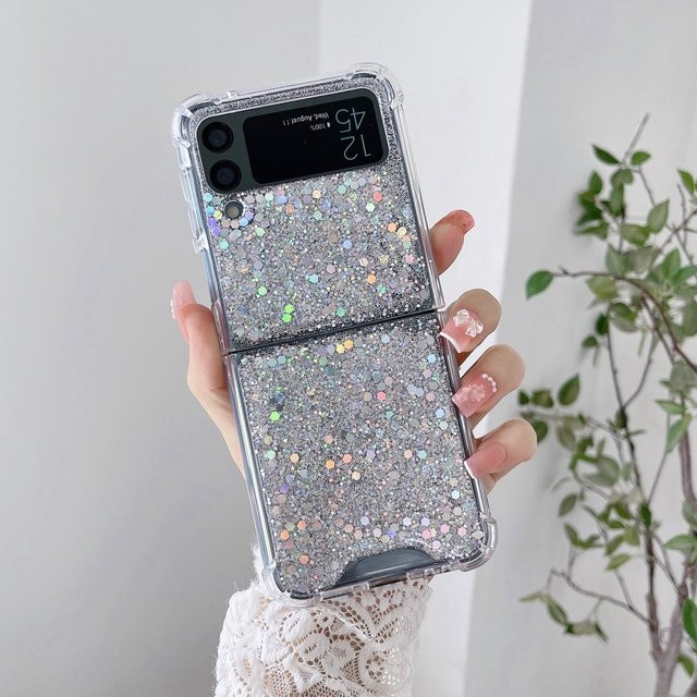 Stoßfeste transparente Handyhülle mit echten getrockneten Blumen für Samsung Galaxy Z Flip 4, Z Flip 3 und Z Flip 2 in Pink - Bild 1