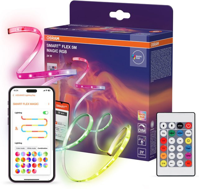 OSRAM SMART+ WIFI FLEX RGBIC LED-Streifen mit Fernbedienung, Multicolor und Weiß, 5 m Länge, 22 W, 500 lm, dimmbar - Bild 1