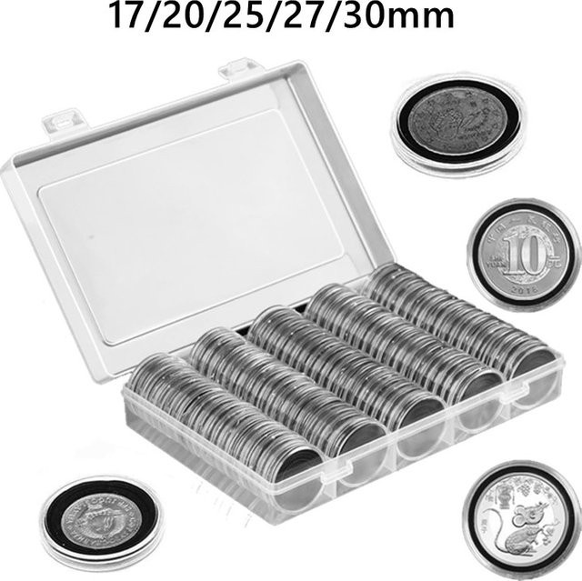 100 Münzkapseln aus Kunststoff in 5 Größen für deine Münzsammlung, transparent mit schwarzer Dichtung, Durchmesser: 17 mm, 20 mm, 25 mm, 27 mm und 30 mm - Bild 1