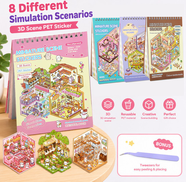 DIY 3D-Szenen Stickerbuch mit bunten Cartoon-Aufklebern für kreatives Scrapbooking und Kinder-Deko aus Papier - Bild 1
