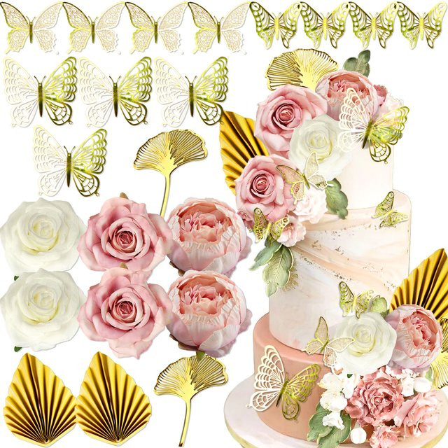 LaVenty Blumen-Kuchendekorationen aus Papier in Rosa und Weiß mit Palmenblättern und Schmetterlingen für Hochzeit und Valentinstag - Bild 1