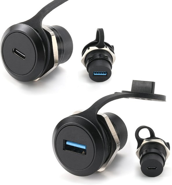 JCD USB-C Panel Mount Adapter Typ C Stecker zu Typ C Buchse in Schwarz mit Staubschutz - Bild 1
