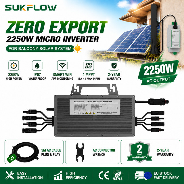 Sukflow Zero-Export Balkon-Solar-Mikrowechselrichter 2250W mit MPPT und WLAN-Überwachung, 230V EU-System, Schwarz - Bild 1