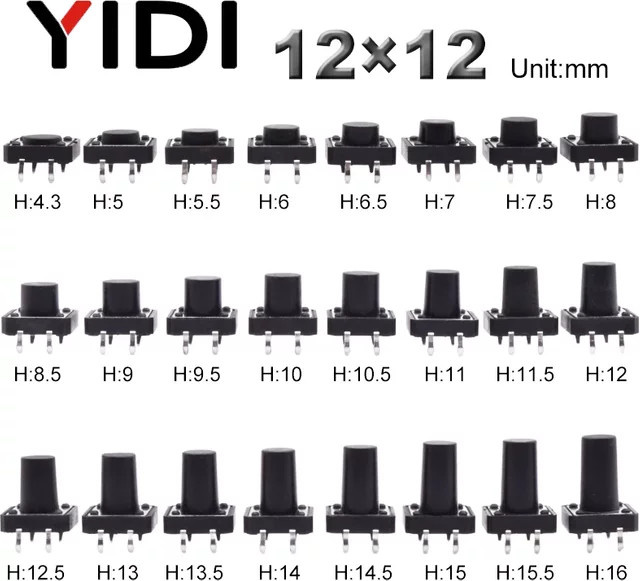 YIDI 10er Set Micro-Mini Taktile Drucktaster 12x12mm, 4-polige Panel-Platine, Schwarz - Bild 1