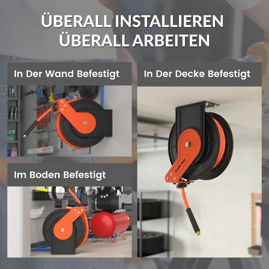 Giraffe Tools Druckluftschlauchtrommel mit Automatik-Aufroller, 15 m Schlauchlänge, 1/4 Zoll Anschluss, 3/8 Zoll Schlauch Ø 9,5 mm, max. 20 bar, Stahlkonstruktion, Farbe: Orange - Bild 4