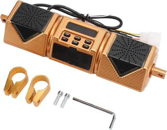 KaiSai Motorrad Stereo Lautsprecher mit Lenkerhalterung, IP54 wasserdichter MP3 Musik Player mit Bluetooth und USB, Schwarz/Gold - Bild 1