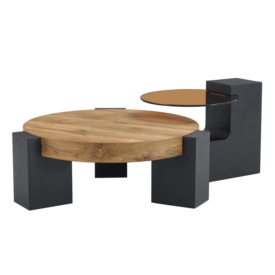okwish Beistelltisch mit zwei Ebenen und Glasplatte in Schwarz mit Marmoroptik, rund, B/T/H: 78 x 75 x 34 cm - Bild 2