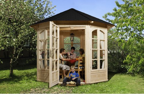 WEKA Sitzlaube achteckig mit Zeltdach in Beige, B/T: 336 x 365 cm, aus Massivholz mit Sprossenfenstern und Echtverglasung - Bild 3