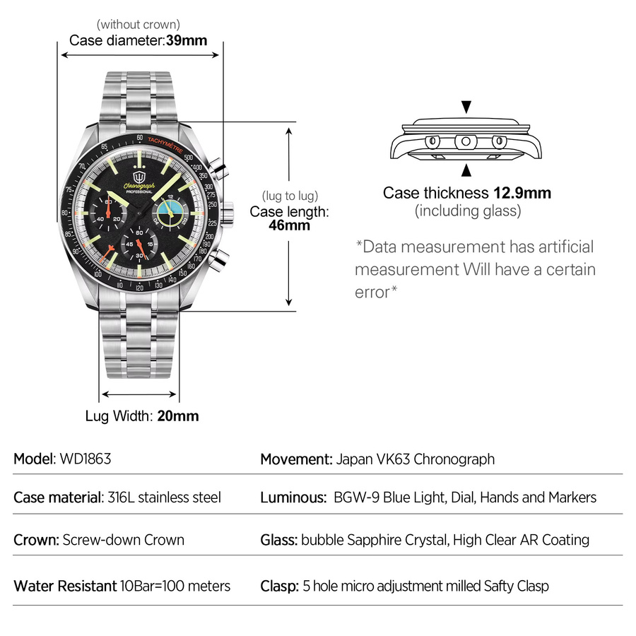 Watchdives Chronograph, Quarz, Edelstahl, Schwarz, Herren - Bild 5