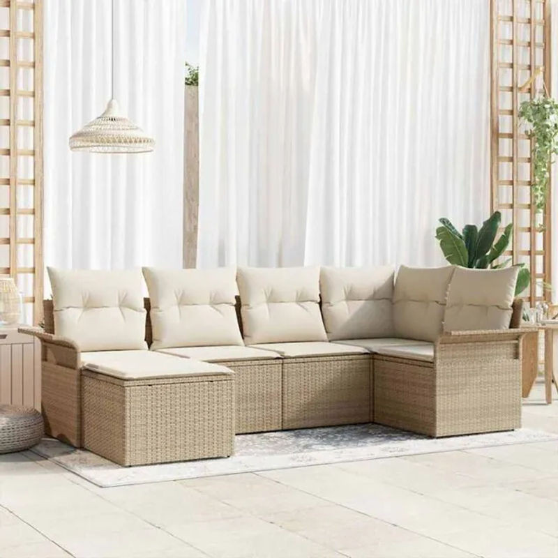 vidaxl Garten-Sofa-Set aus Poly-Rattan mit Kissen und Stauraum, 6-teilig, Beige - Bild 1