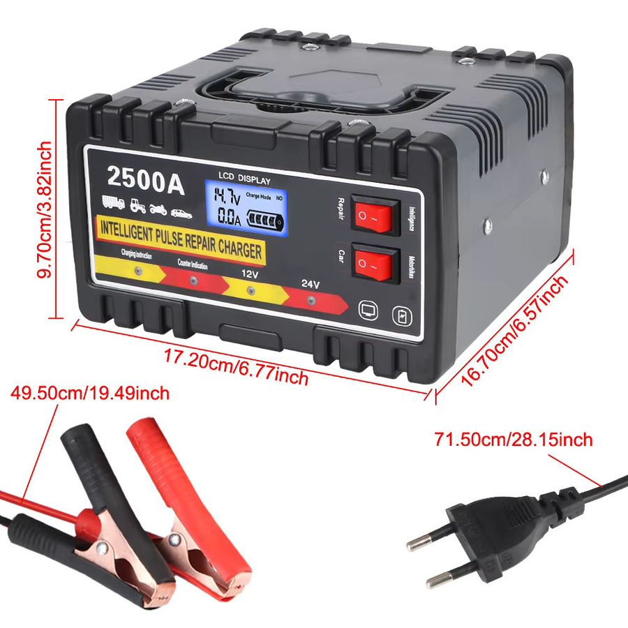 Intelligentes Puls-Reparatur-Ladegerät für Auto und Motorrad mit digitalem LCD-Display, 12V/24V, 220W, EU-Stecker, Schwarz - Bild 3