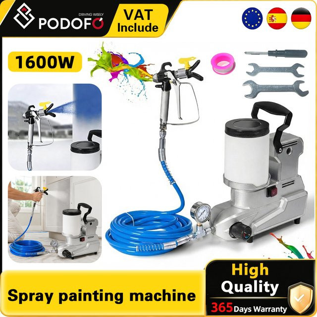Podofo 1600W Hochdruck-Airless-Farbspritzgerät in Silber mit 2L Behälter für wasserbasierte Farben und Wandbeschichtungen - Bild 1