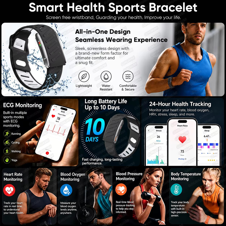 GUHUAVMI Smartwatch Fitness-Tracker mit EKG, HRV, Herzfrequenz, Blutdruck, Körperfett, BMI und Körpertemperatur, Schwarz, 3ATM wasserdicht - Bild 2