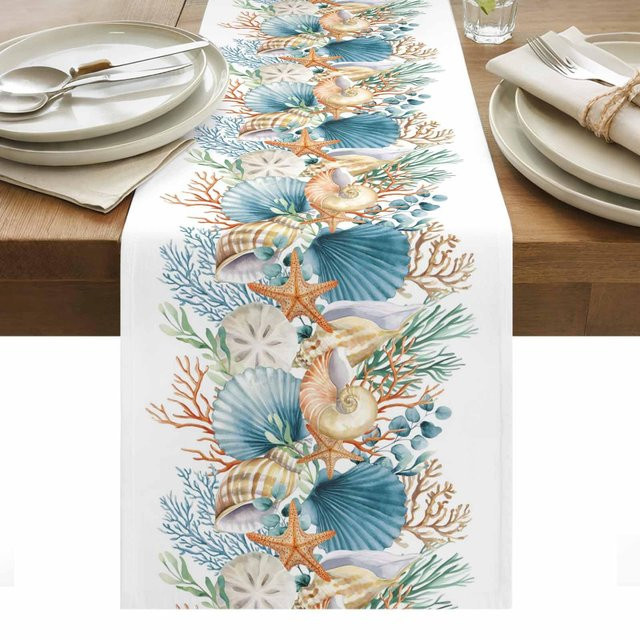 JINGYUE Pet Tischläufer aus Leinen mit Meeresleben-Motiv in Grau und Weiß, B/H: 150 x 33 cm - Bild 1