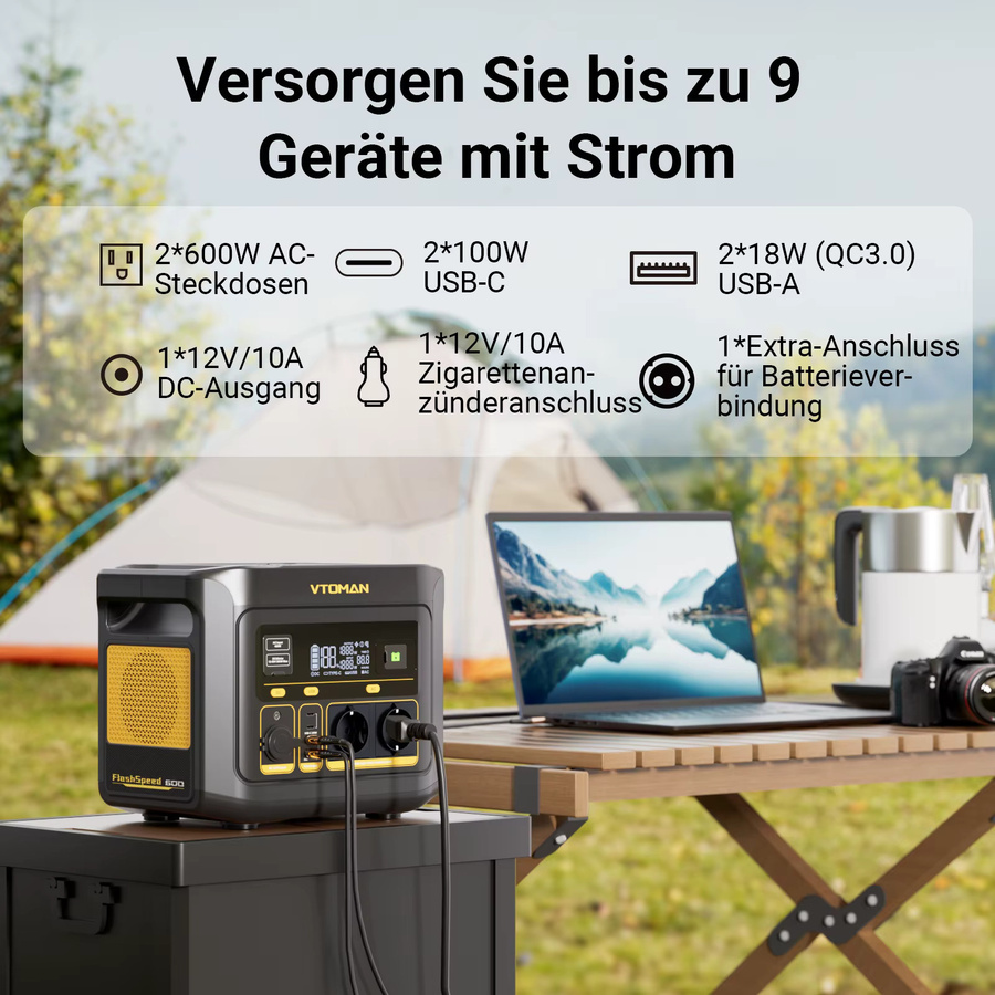 VTOMAN FlashSpeed 600 tragbare Stromstation in Schwarz mit 499 Wh LiFePO4-Batterie und 600 W Wechselstromausgang als Solar-Generator für Camping, Wohnmobil und Notfallstrom - Bild 7