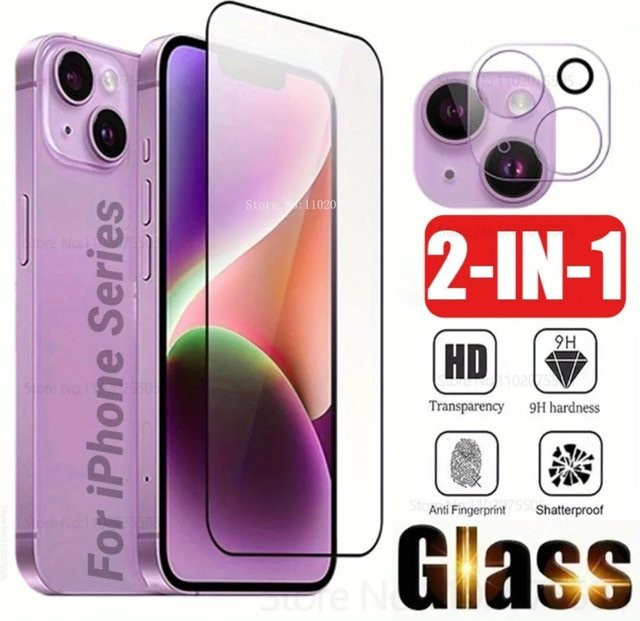 2-in-1 Schutzset für iPhone mit HD-gehärtetem Glas mit schwarzem Rand und Objektivschutz, Transparent/Schwarz - Bild 1