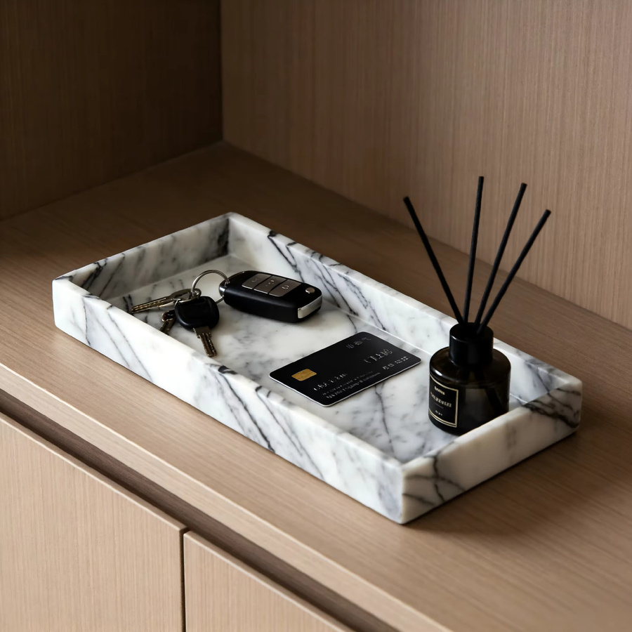 Xiangxuemei Marmortablett aus Naturstein in Weiß, rechteckiges Tablett mit erhöhten Kanten für Schmuck, Parfüm und Badezimmeraufbewahrung - Bild 4