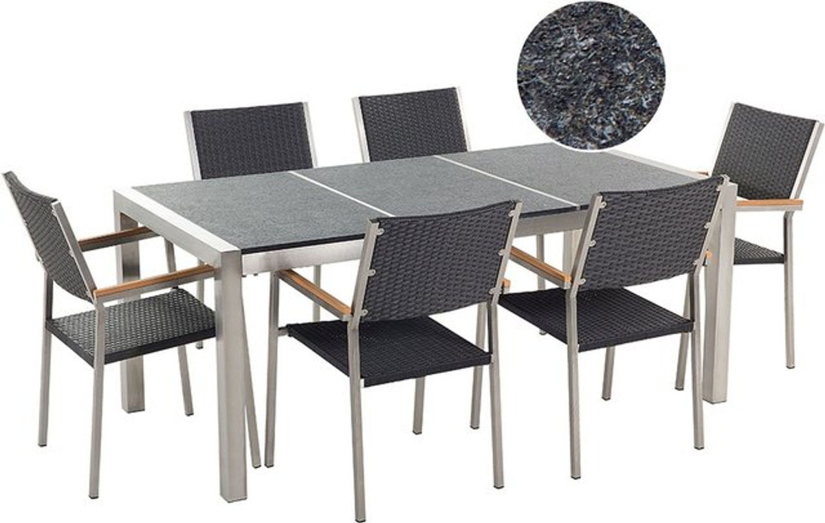 BELIANI Gartenmöbel Set Modern in Schwarz Grau Silber mit Granit Tisch 180 cm und 7 Polyrattan Stühlen für Terrasse und Outdoor - Bild 1