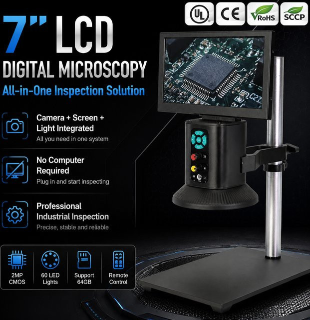 YIZHAN 7-Zoll-LCD-USB-Digitalmikroskop in Schwarz mit HD-Bildschirm, 60 einstellbaren LEDs und Fernbedienung für industrielle Inspektionen - Bild 1