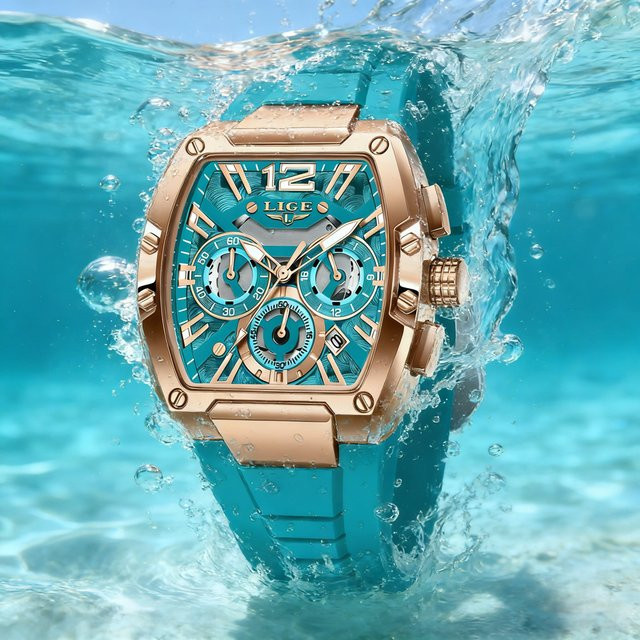 LIGE Chronograph Armbanduhr, Quarz, Tonneau, Blau, Silikonarmband, Herren - Bild 1