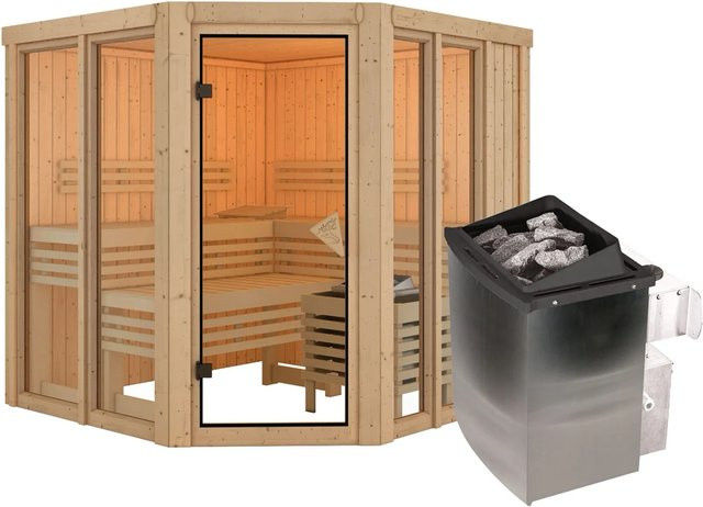 Karibu Sauna Airini in Braun mit integriertem 9 kW Ofen und naturbelassenem Holz - Bild 1