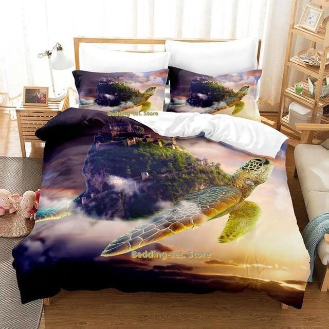 Turtle Island Bettwäsche-Set mit Schildkröten-Motiv, dreiteiliges 3D Cartoon Anime Design aus Mikrofaser, Mehrfarbig, B/H: 180 x 210 cm - Bild 1