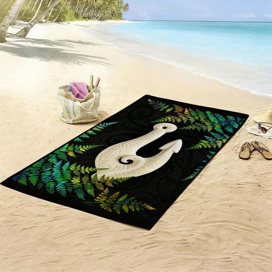 Maori Strandtuch aus weicher Mikrofaser mit Hei Matau und Farn Druck, schnelltrocknendes Badetuch für Pool und Reise, Breite: 40 cm, Höhe: 60 cm - Bild 2