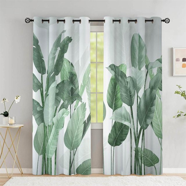 A Family Of Home Textiles Sommer-Vorhänge mit tropischem Palmblatt- und Bananenblatt-Design, halbtransparent, grün, B: 240 cm, H: 270 cm - Bild 1