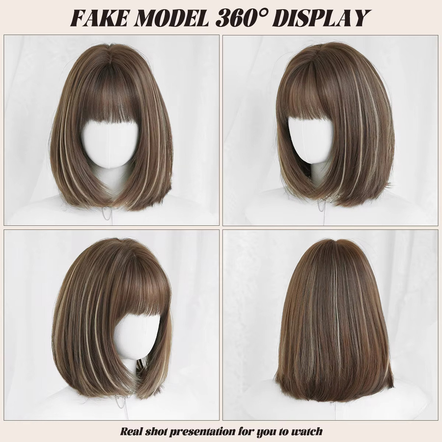 7JHH WIGS Perücke, kurz, glatt, braun mit beige Highlights, Damen - Bild 3