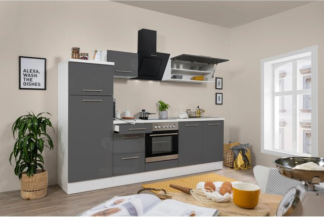Respekta Premium Küchenzeile modern in Grau Hochglanz und Weiß mit Soft-Close-Türen und Schubladen, Breite: 270 cm - Bild 1