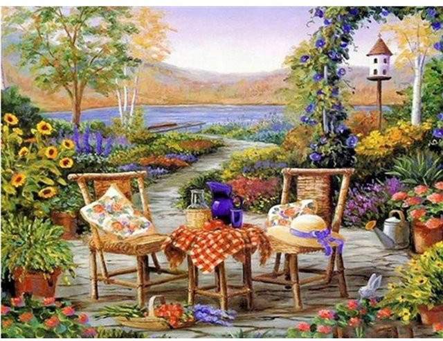FIYO Diamantmalerei Set Landschaft mit Garten und Haus, Mosaik Stickerei Kit in Multicolour, B x H: 20 x 30 cm - Bild 1