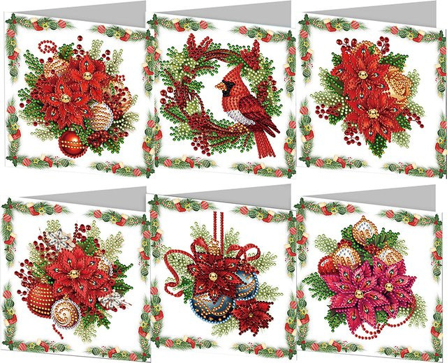 DIY Diamantmalerei Weihnachtskarten zum Basteln, Set mit 6 oder 12 gefalteten Grußkarten für Familie und Freunde, Farben: Rot und Mehrfarbig - Bild 1