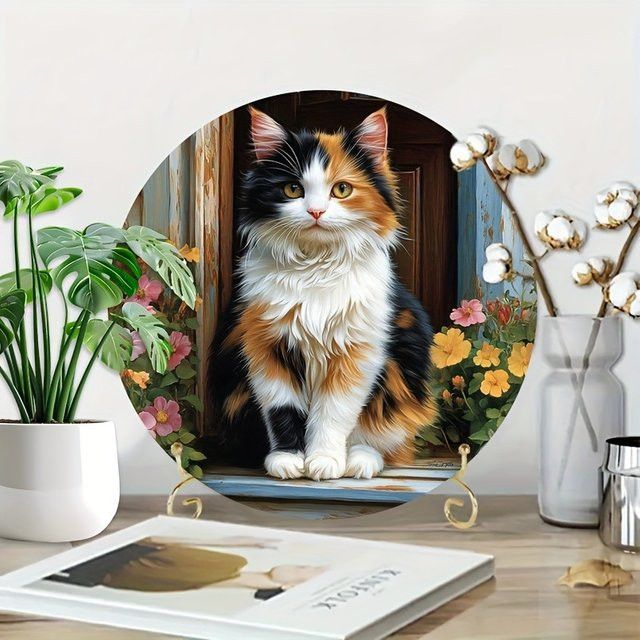 Vintage-Kaliko-Katze Wanddekoration aus Aluminium mit floralem Design von Potdemiel - Bild 1